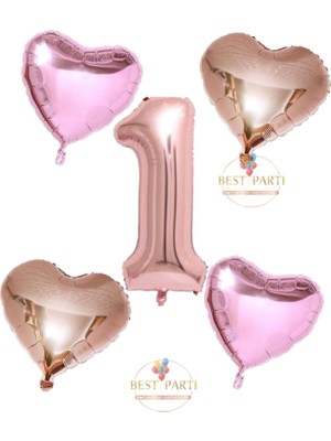 Rose Gold Rakam Kalp ve Pembe Kalp Folyo Balon Seti Yaş 1