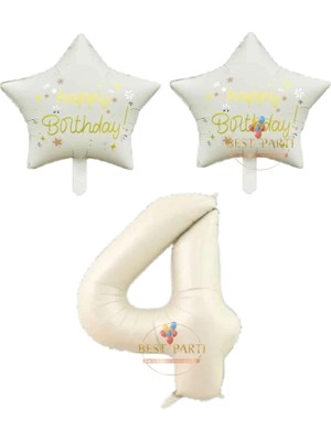 Bej Rakam ve Happy Bırthday Yazılı Yıldız Folyo Balon Seti Yaş 4