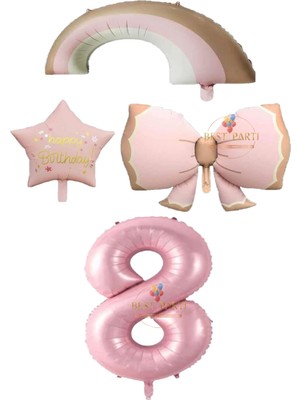 Pembe Renk Fiyonk Gökkuşağı Yıldız ve Rakam Folyo Balon Seti Yaş 8
