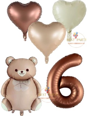 Kahverengi Renk Rakam Ayıcıklı ve Kalpli Folyo Balon Seti Yaş 6