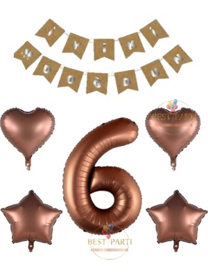 Iyiki Doğdun Yazılı Kahverengi Renk Rakam Kalp ve Yıldız Folyo Balon Seti Yaş 6
