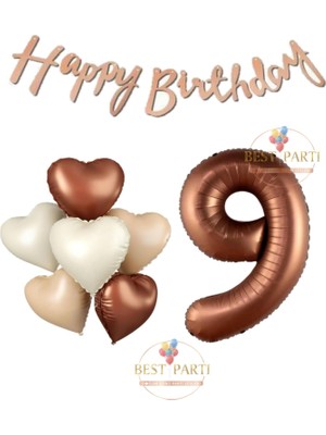 Happy Bıthday Yazılı Kahverengi Renk Rakam ve Kalpli Folyo Balon Seti Yaş 9