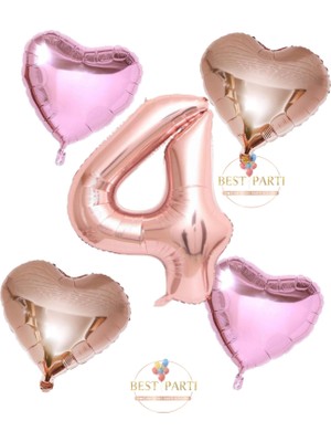 Rose Gold Rakam Kalp ve Pembe Kalp Folyo Balon Seti Yaş 4