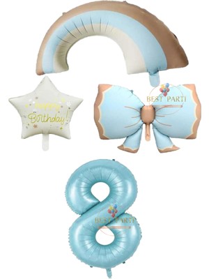 Mavi Renk Fiyonk Gökkuşağı Yıldız ve Rakam Folyo Balon Seti Yaş 8