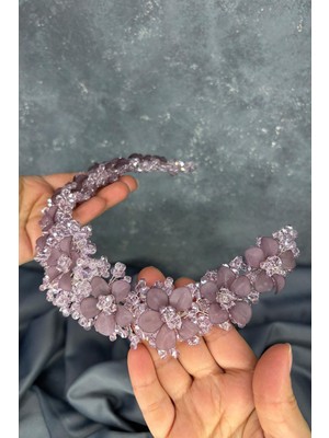 Lila Nileda Kristal Boncuklu Gelin Kına Tacı Saç Aksesuarı