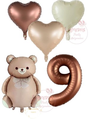 Rönesans Kahverengi Renk Rakam Ayıcıklı ve Kalpli Folyo Balon Seti Yaş 9