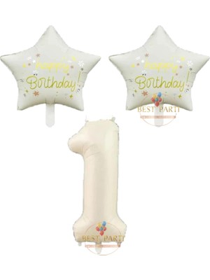 Bej Rakam ve Happy Bırthday Yazılı Yıldız Folyo Balon Seti Yaş 1