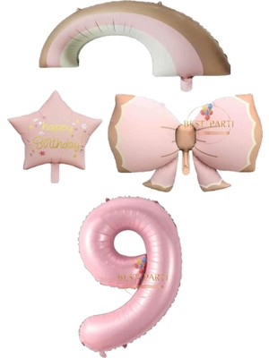 Pembe Renk Fiyonk Gökkuşağı Yıldız ve Rakam Folyo Balon Seti Yaş 9