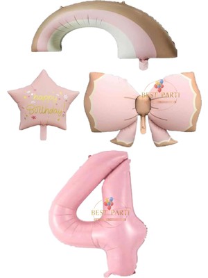 Pembe Renk Fiyonk Gökkuşağı Yıldız ve Rakam Folyo Balon Seti Yaş 4