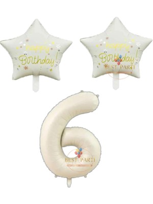 Bej Rakam ve Happy Bırthday Yazılı Yıldız Folyo Balon Seti Yaş 6