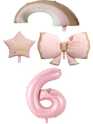 Pembe Renk Fiyonk Gökkuşağı Yıldız ve Rakam Folyo Balon Seti Yaş 6