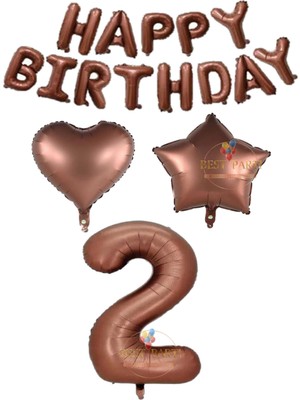 Kahverengi Renk Happy Bırthday Rakam Kalp Yıldız Folyo Balon Seti Yaş 2