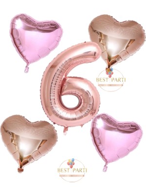 Rose Gold Rakam Kalp ve Pembe Kalp Folyo Balon Seti Yaş 6
