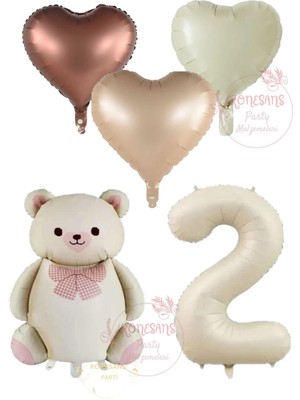 Rönesans Krem Renk Rakam Ayıcıklı ve Kalpli Folyo Balon Seti Yaş 2