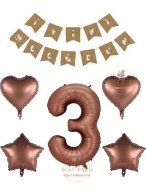 Iyiki Doğdun Yazılı Kahverengi Renk Rakam Kalp ve Yıldız Folyo Balon Seti Yaş 3