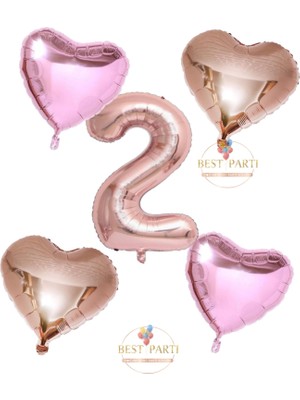 Rose Gold Rakam Kalp ve Pembe Kalp Folyo Balon Seti Yaş 2
