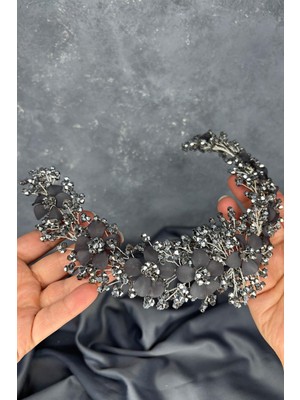 Antrasit Gri Nileda Kristal Boncuklu Gelin Kına Tacı Saç Aksesuarı