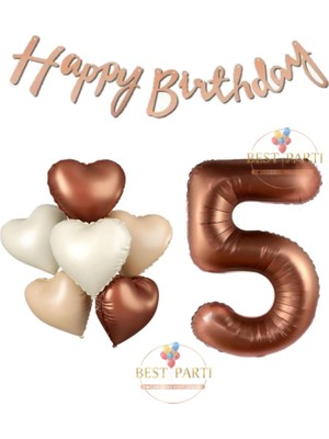 Happy Bıthday Yazılı Kahverengi Renk Rakam ve Kalpli Folyo Balon Seti Yaş 5