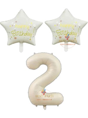Bej Rakam ve Happy Bırthday Yazılı Yıldız Folyo Balon Seti Yaş 2