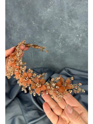 Rose Rengi Nileda Kristal Boncuklu Gelin Kına Tacı Saç Aksesuarı