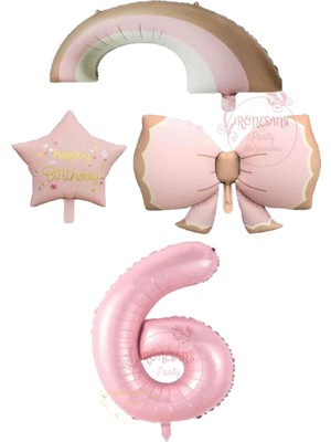 Rönesans Pembe Renk Fiyonk Gökkuşağı Yıldız ve Rakam Folyo Balon Seti Yaş 6