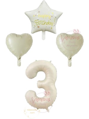 Rönesans Krem Renk Rakam Happy Bırthday Yazılı Yıldız ve Kalpli Folyo Balon Seti Yaş 3