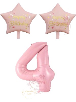 Rönesans Pembe Renk Rakam ve Happy Bırthday Yazılı Yıldız Folyo Balon Seti Yaş 4