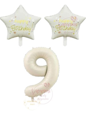 Rönesans Bej Rakam ve Happy Bırthday Yazılı Yıldız Folyo Balon Seti Yaş 9