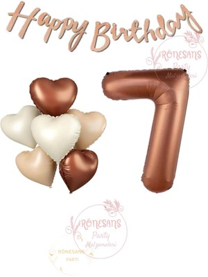 Rönesans Happy Bıthday Yazılı Kahverengi Renk Rakam ve Kalpli Folyo Balon Seti Yaş 7