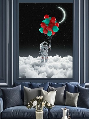 Balonlarla Astronot ve Ay Dekoratif Kanvas - Mdf Ahşap Tablo