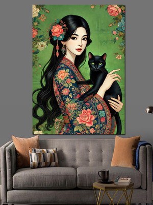 Japon Kadın ve Siyah Kedi Dekoratif Kanvas - Mdf Ahşap Tablo