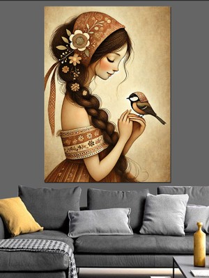 Kuş ve Kadın Dekoratif Kanvas - Mdf Ahşap Tablo