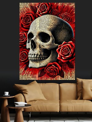 Kırmızı Gül ve Kafatası Dekoratif Kanvas - Mdf Ahşap Tablo