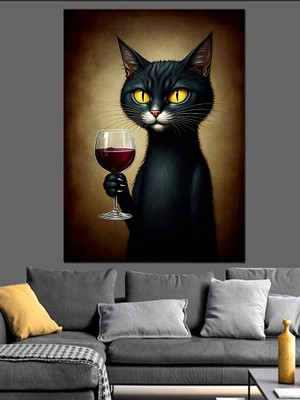 Şarap Tutan Siyah Kedi Dekoratif Kanvas - Mdf Ahşap Tablo