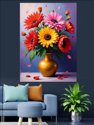 Renkli Çiçeklerle Altın Vazo Dekoratif Kanvas - Mdf Ahşap Tablo
