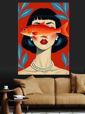 Balıklı Moda Portresi Dekoratif Kanvas - Mdf Ahşap Tablo