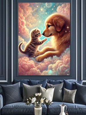 Köpek ve Kedi Sevgi Anı Dekoratif Kanvas - Mdf Ahşap Tablo