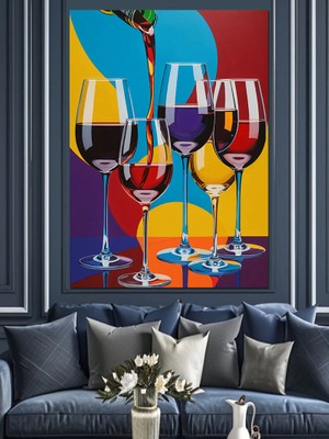 Renkli Kadehler Şarap Dekoratif Kanvas - Mdf Ahşap Tablo