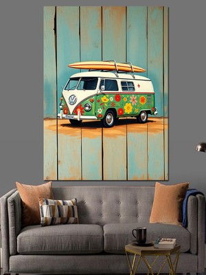 Retro Çiçekli Karavan Dekoratif Kanvas - Mdf Ahşap Tablo
