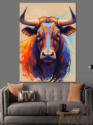 Renkli Boğa ve Güç Ifadesi Dekoratif Kanvas - Mdf Ahşap Tablo