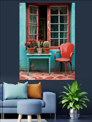 Mavi Kırmızı Balkon Köşesi Dekoratif Kanvas - Mdf Ahşap Tablo