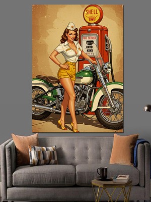 Retro Motor ve Şık Kadın Dekoratif Kanvas - Mdf Ahşap Tablo