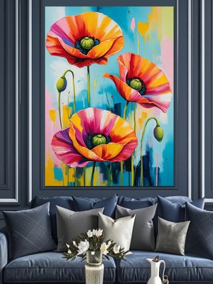 Renkli Gelincik Çiçekleri Dekoratif Kanvas - Mdf Ahşap Tablo