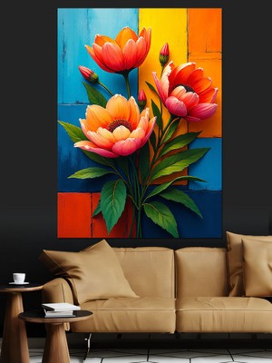 Renkli Nilüfer Çiçekler Dekoratif Kanvas - Mdf Ahşap Tablo