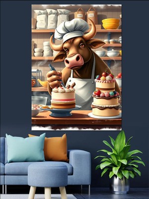 Tatlı Pastacı Inek Dekoratif Kanvas - Mdf Ahşap Tablo