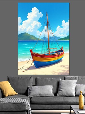Tropikal Sahil ve Kayık Dekoratif Kanvas - Mdf Ahşap Tablo
