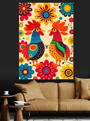 Neşeli Çiçek ve Tavuklar Dekoratif Kanvas - Mdf Ahşap Tablo