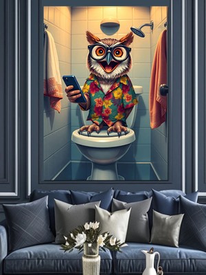 Komik Baykuş Tuvalette Dekoratif Kanvas - Mdf Ahşap Tablo