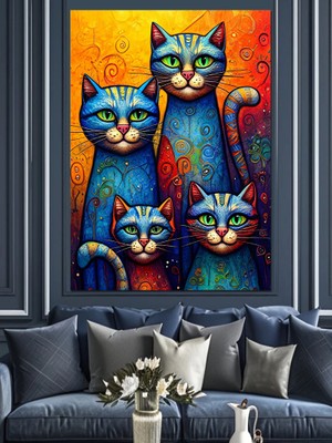 Üç Kedi Harmoni Dekoratif Kanvas - Mdf Ahşap Tablo
