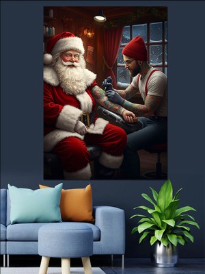 Noel Baba ve Dövmeci Çocuk Dekoratif Kanvas - Mdf Ahşap Tablo